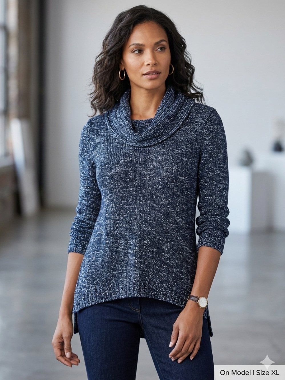 Jones New York Collection Blue Marled Knit Cowl Neck Sweater XL
